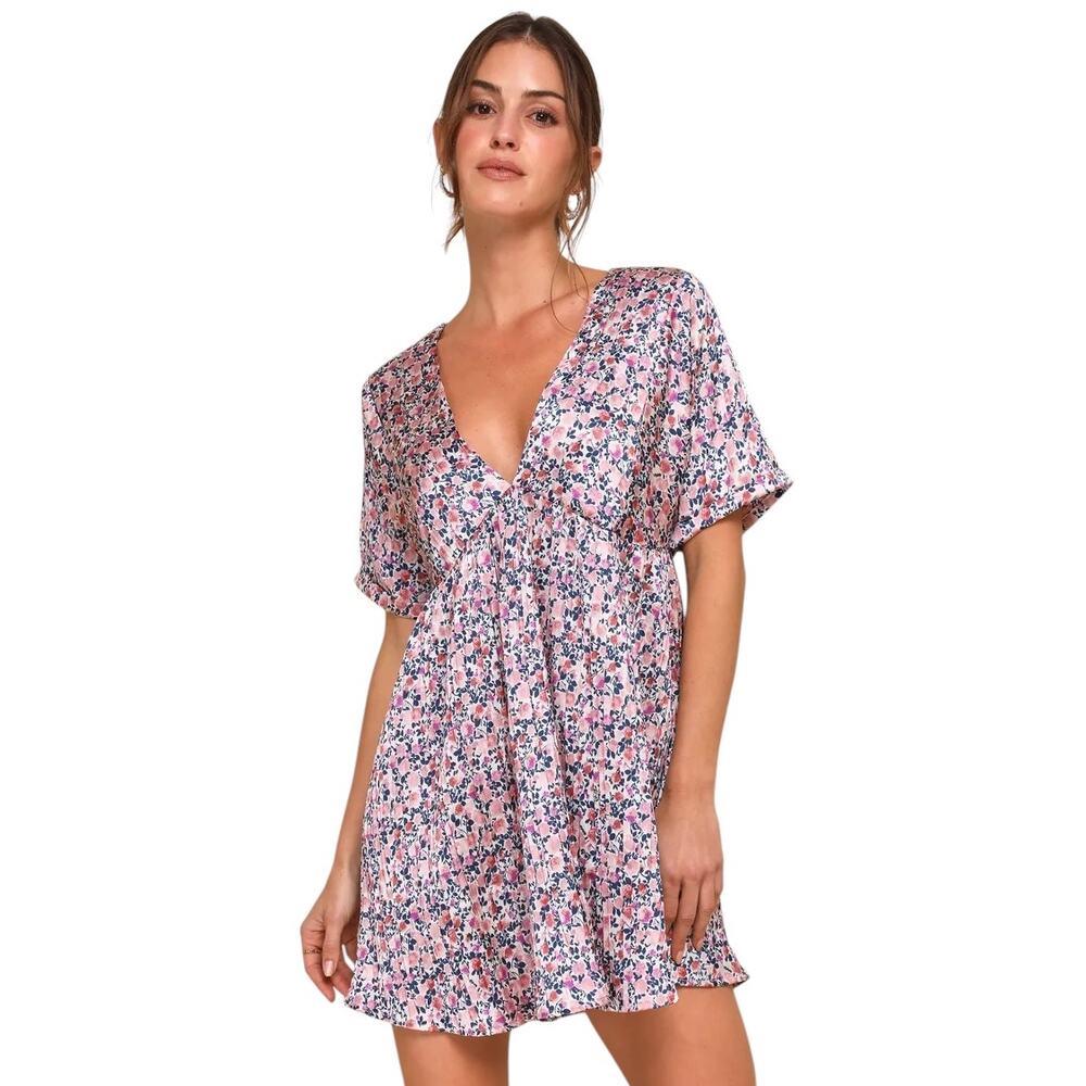 Lulus Express Yourself Blush Pink Floral Print Satin Babydoll Dress size XL NWT